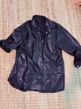 Black Faux Leather Button-Up Shacket